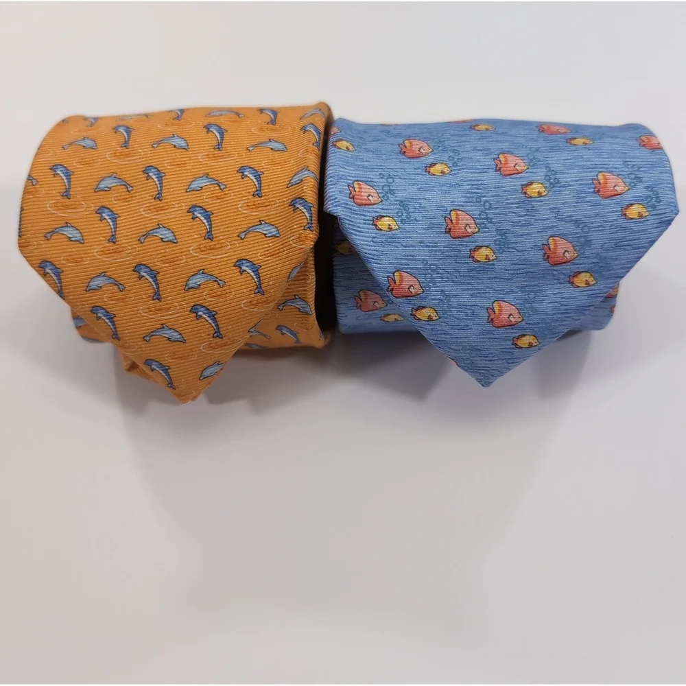 Tommy Hilfiger Mens Neckties Lot OS Orange Blue Silk Dolphin Seascape Fun Design